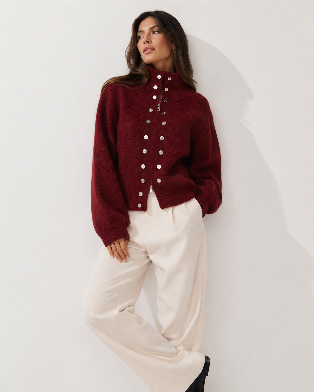 Zip-Front Collared Knit Jacket
