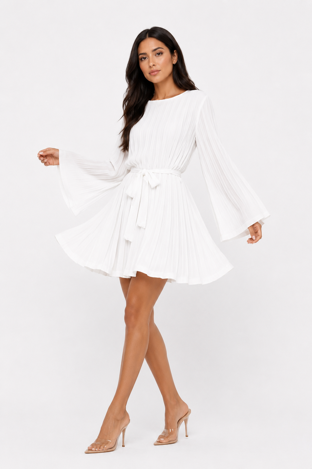 Pleated Cape-Sleeve Mini Dress