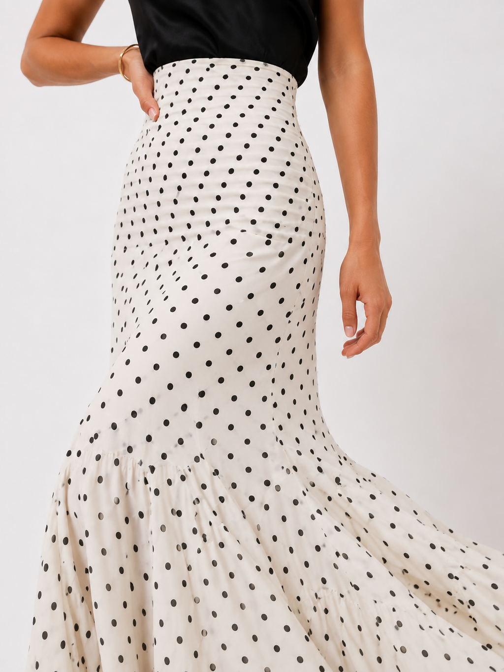 Ruched Polka-Dot Mermaid Maxi Skirt