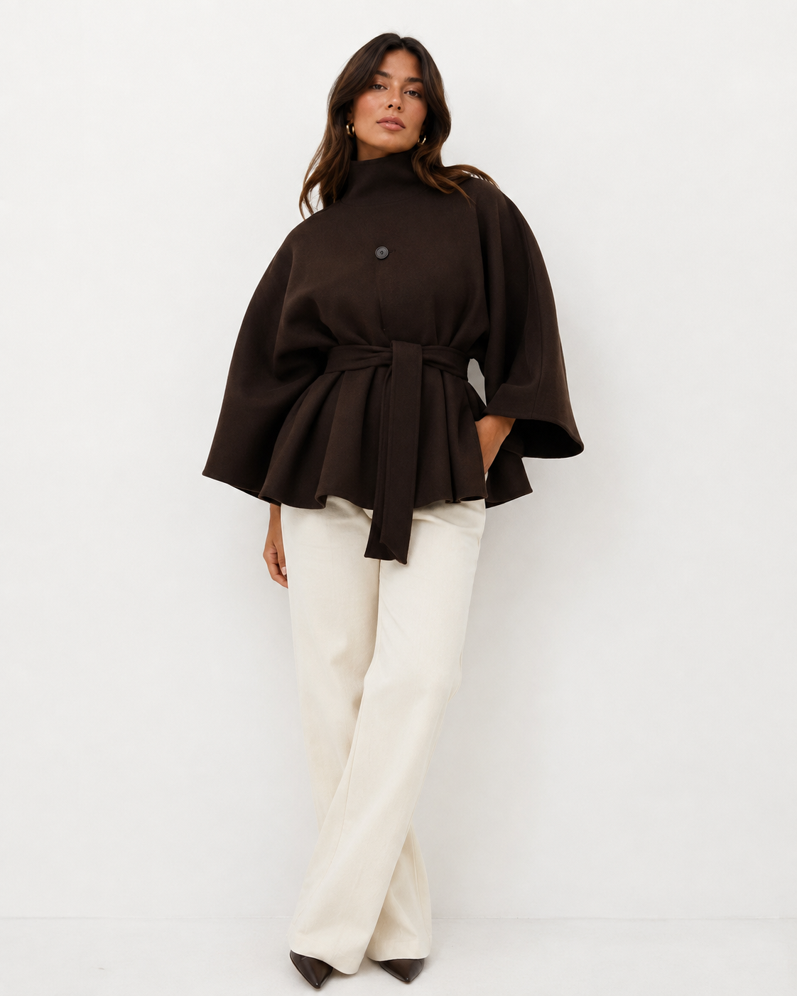 Cape-Sleeve Buttoned Coat