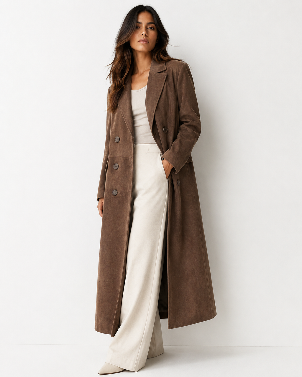 Suede-Effect Longline Trench Coat