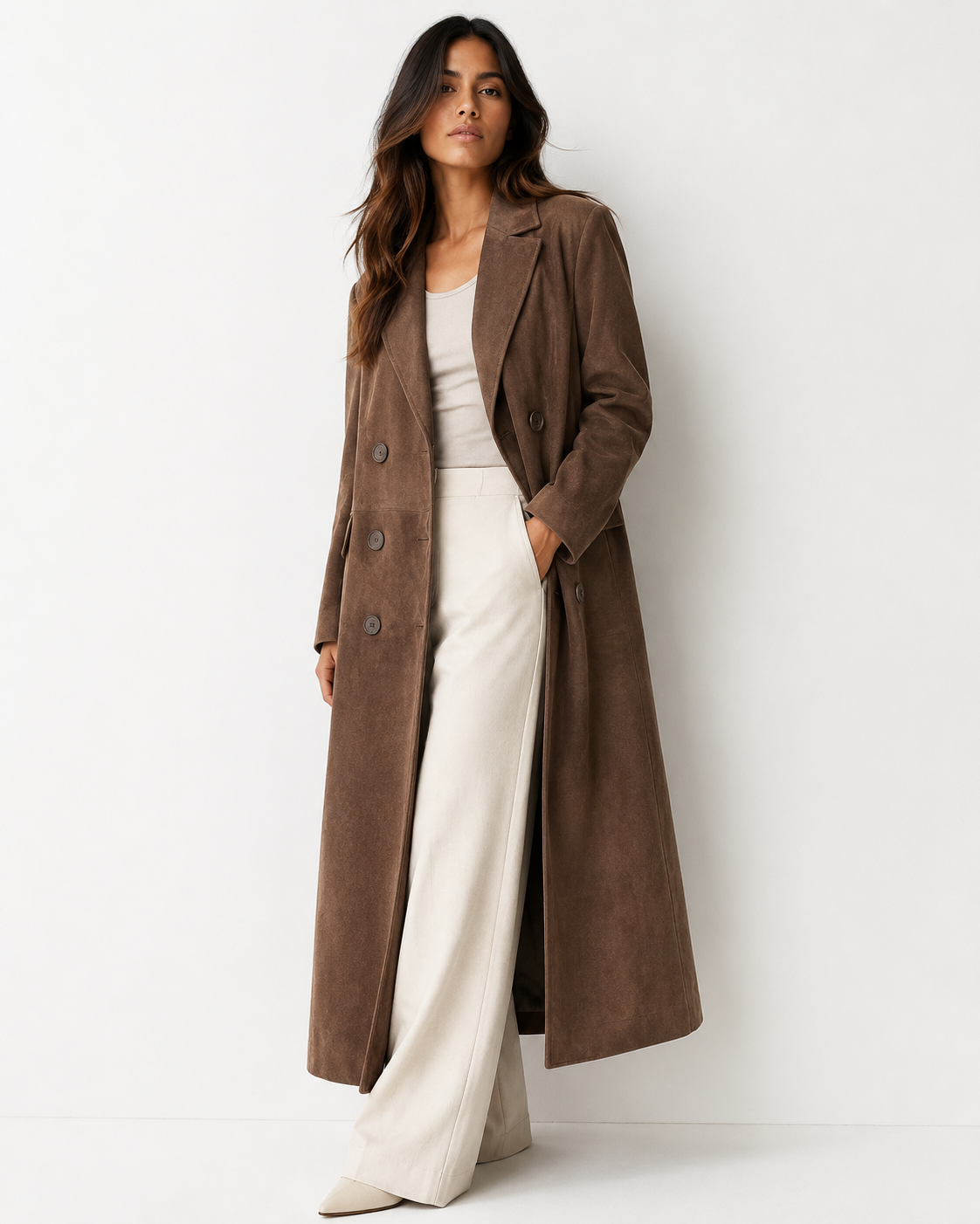 Suede-Effect Longline Trench Coat