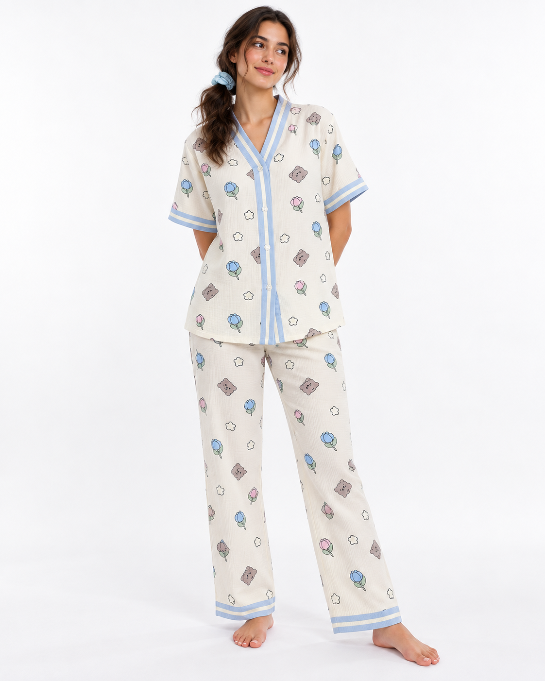 Floral V-Neck Long Pyjama Set