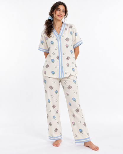 Floral V-Neck Long Pyjama Set
