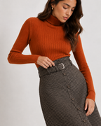 Belted Houndstooth A-Line Midi Skirt