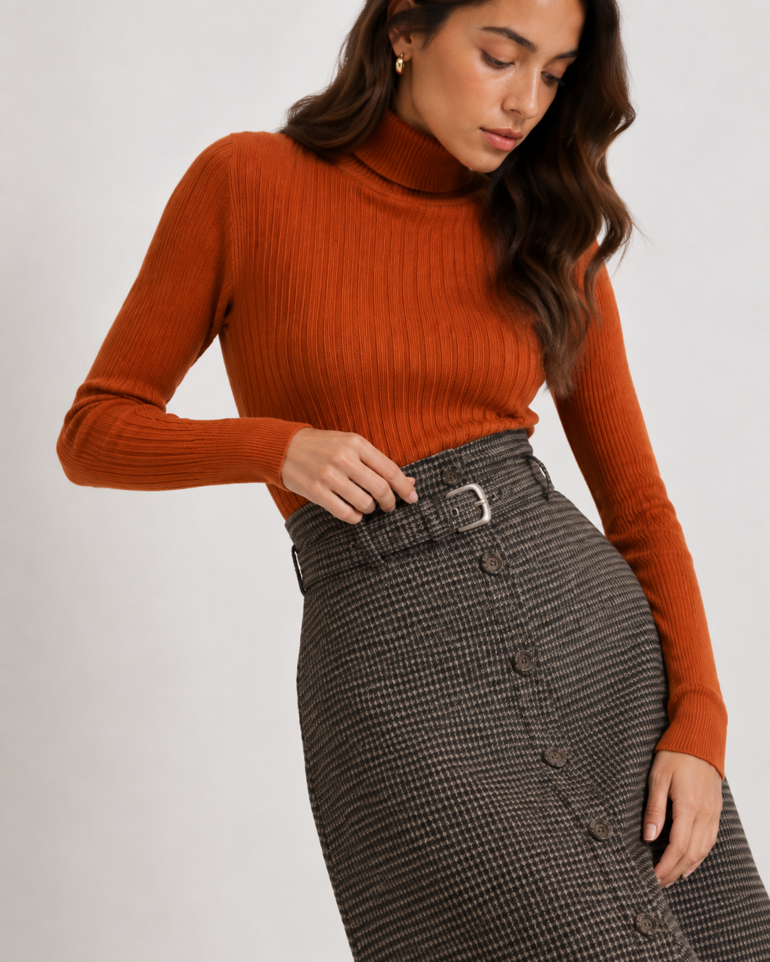 Belted Houndstooth A-Line Midi Skirt