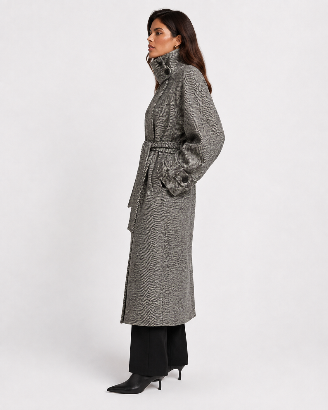 Drawstring-Waist High-Collar Coat