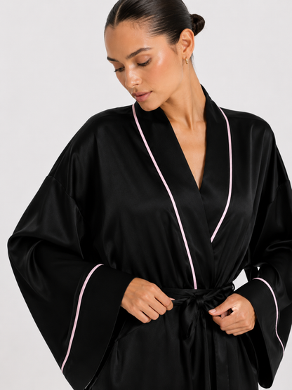 Contrast-Piped Open-Front Dressing Gown