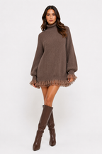 Feather-Trim Knit Mini Dress