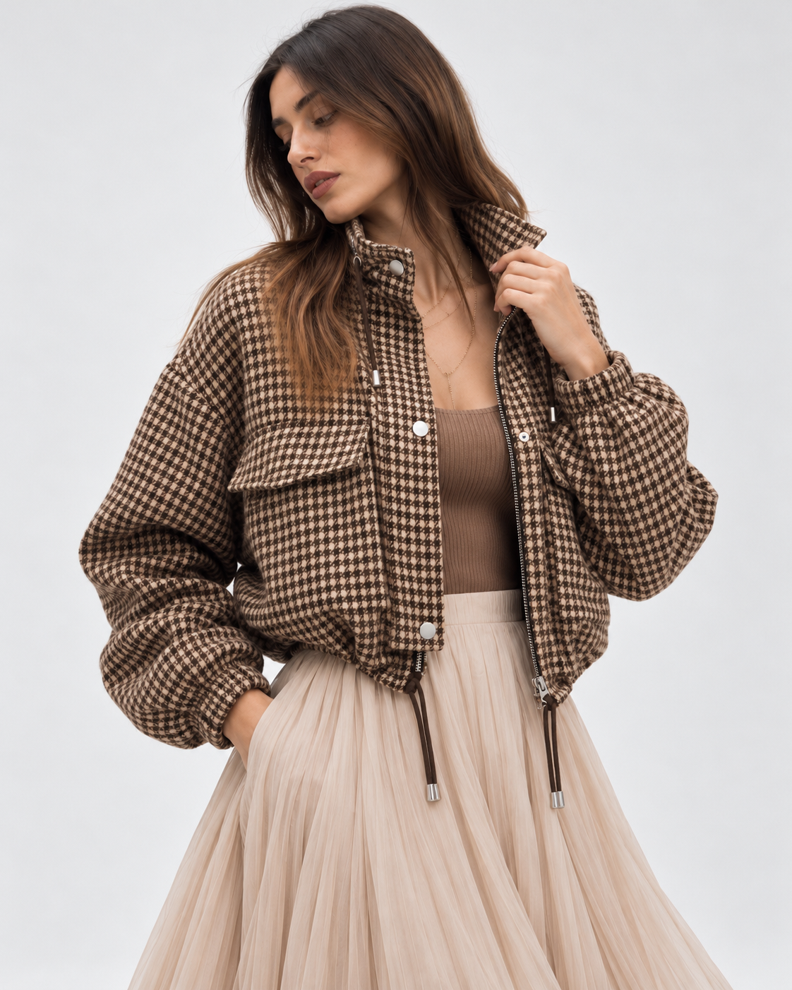 Houndstooth High-Neck Cropped Jacket