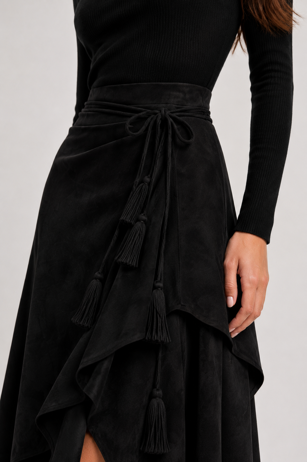 Lace-Up Suede-Effect A-Line Midi Skirt
