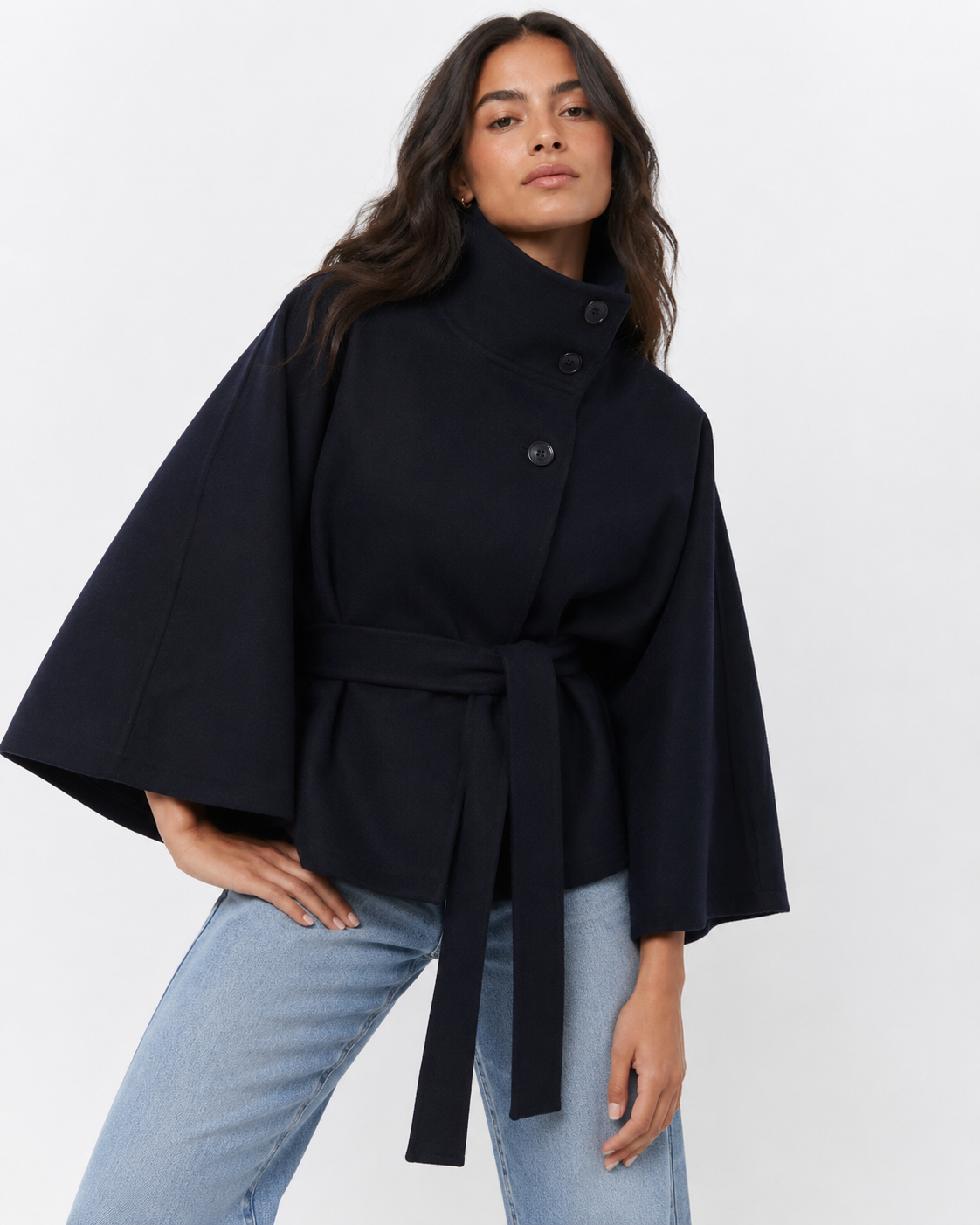 Cape-Sleeve Buttoned Coat