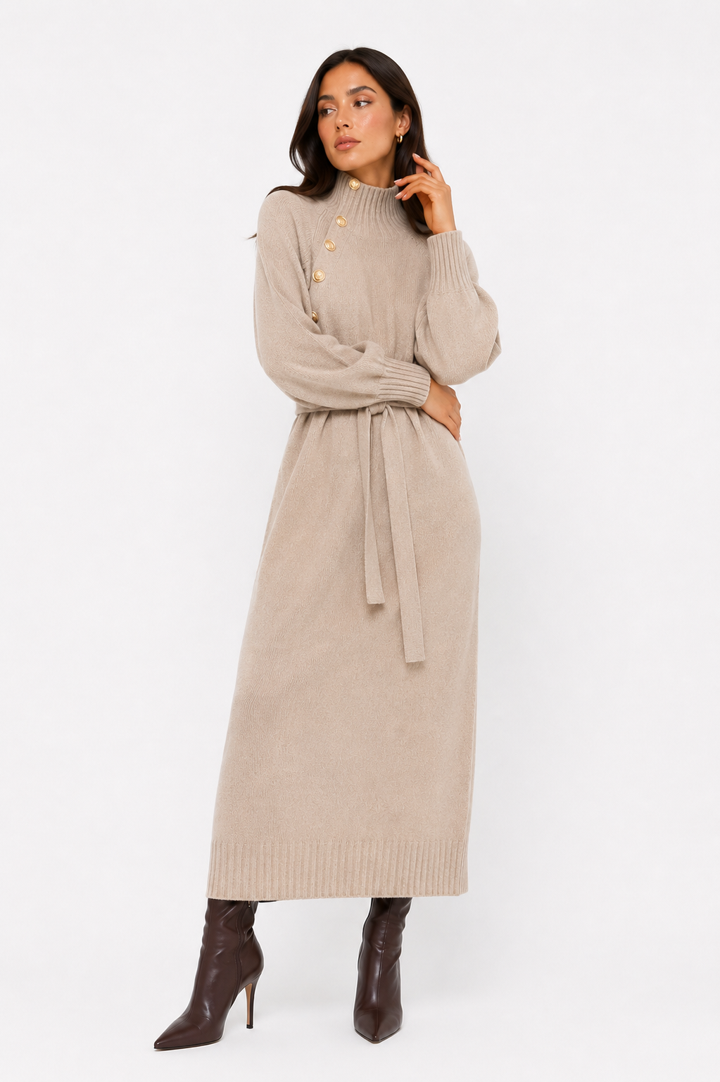 Belted High-Neck Maxi Dress