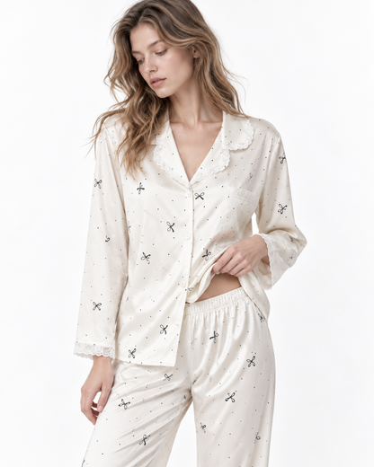 Polka-Dot Long Pyjama Set with Bow Detail
