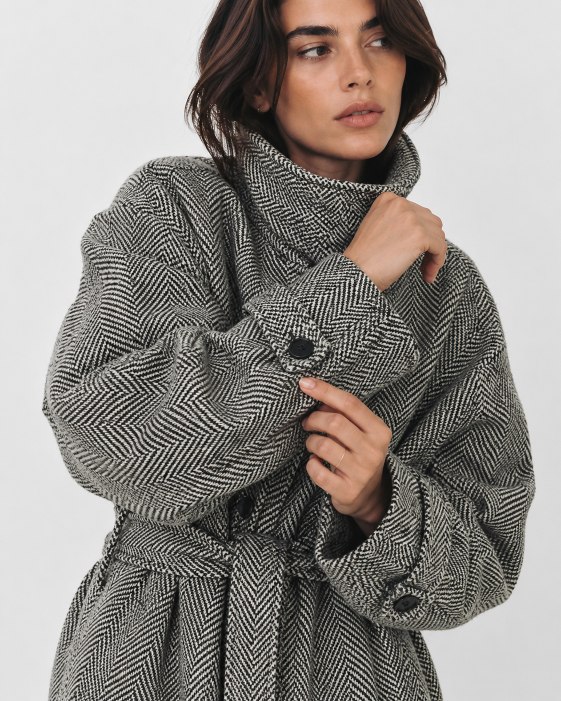 Drawstring-Waist High-Collar Coat