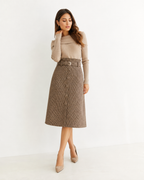 Belted Houndstooth A-Line Midi Skirt