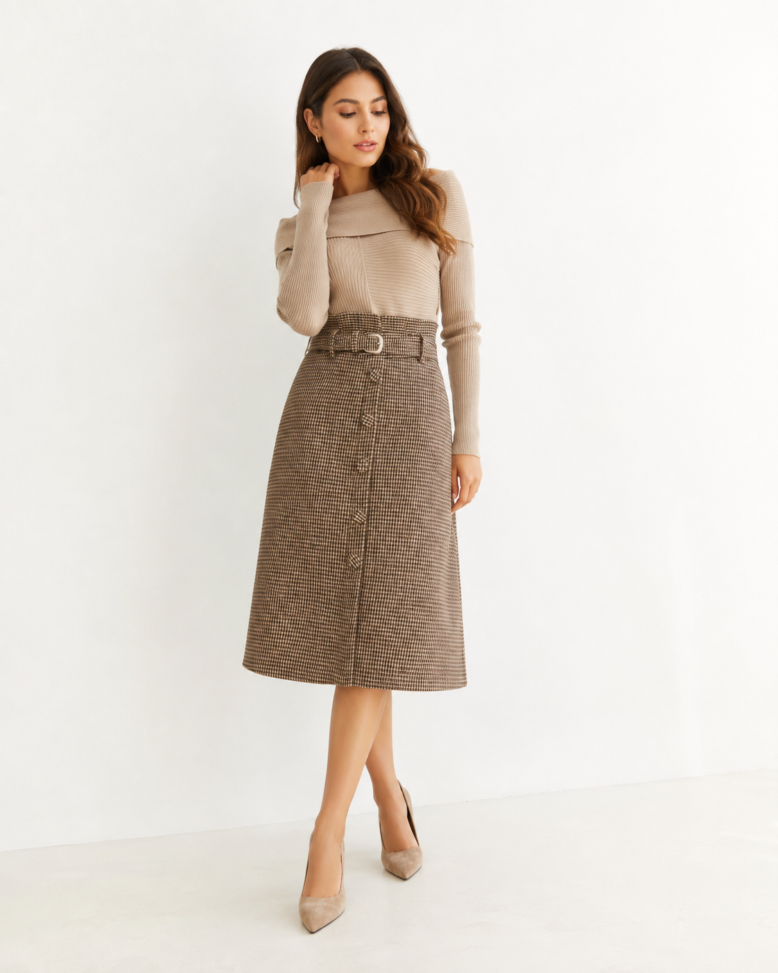 Belted Houndstooth A-Line Midi Skirt
