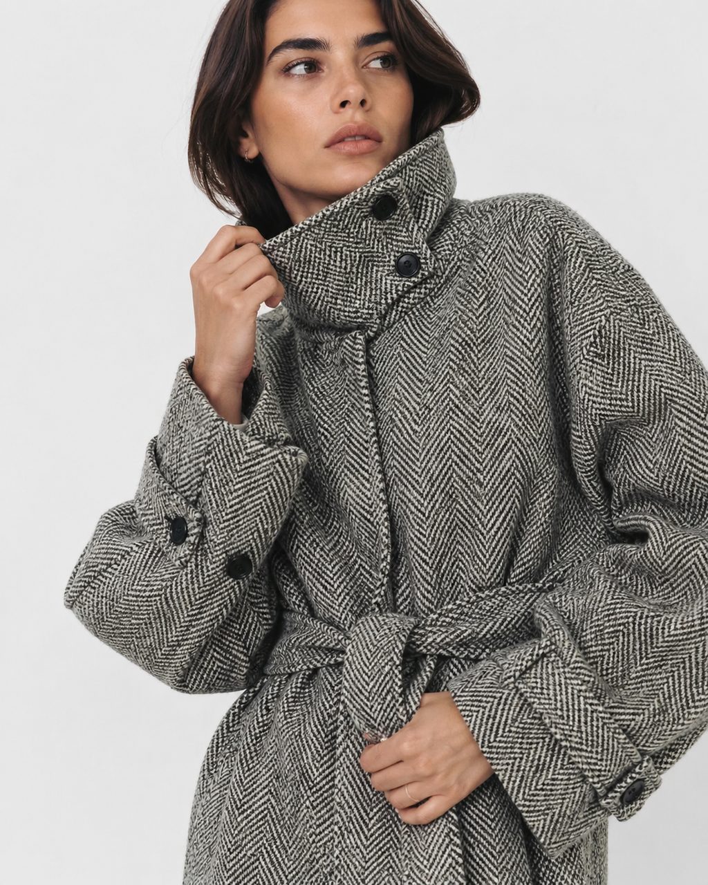 Drawstring-Waist High-Collar Coat