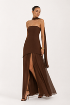 Asymmetric-Overlay Strapless Maxi Dress