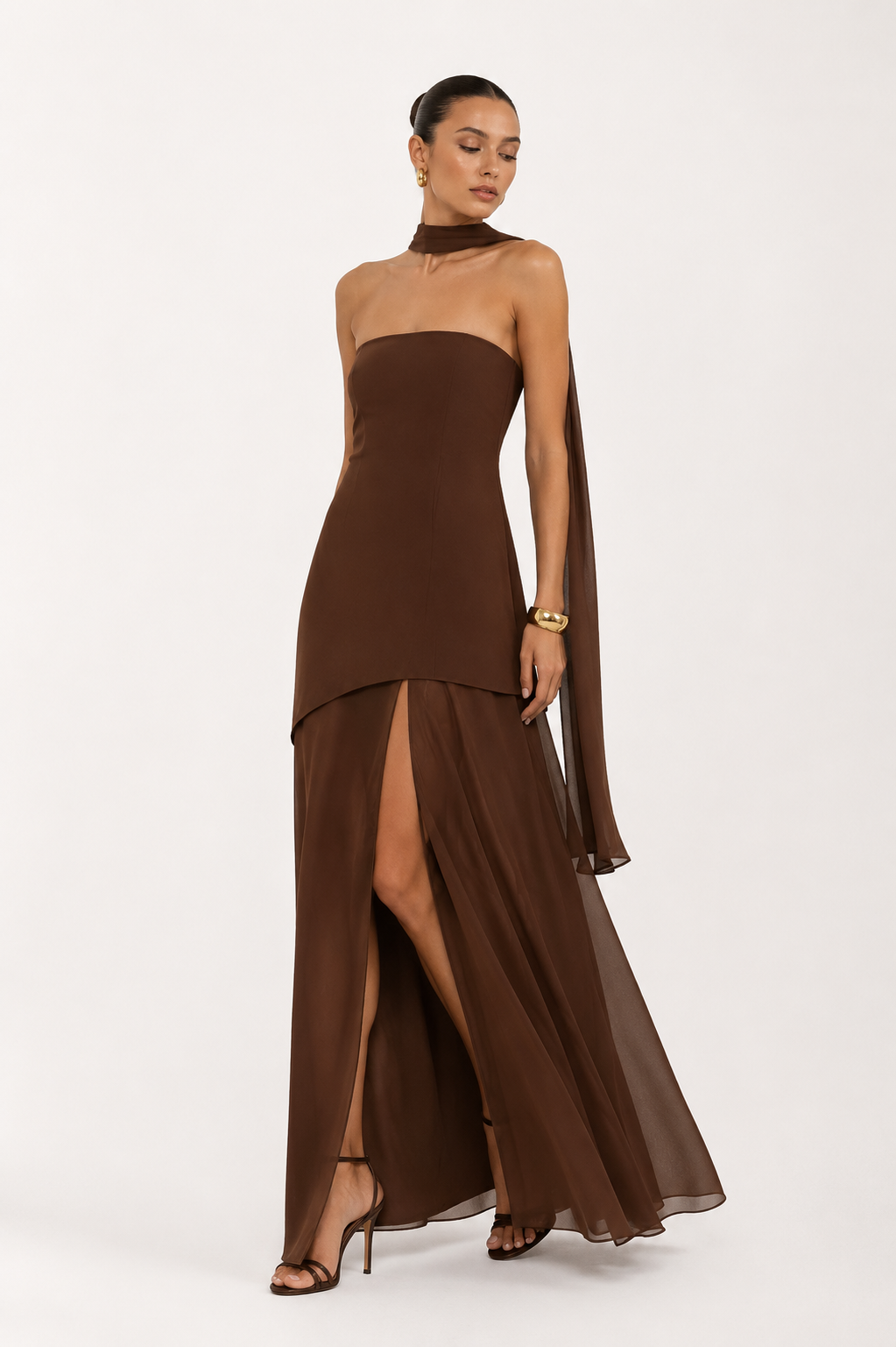 Asymmetric-Overlay Strapless Maxi Dress