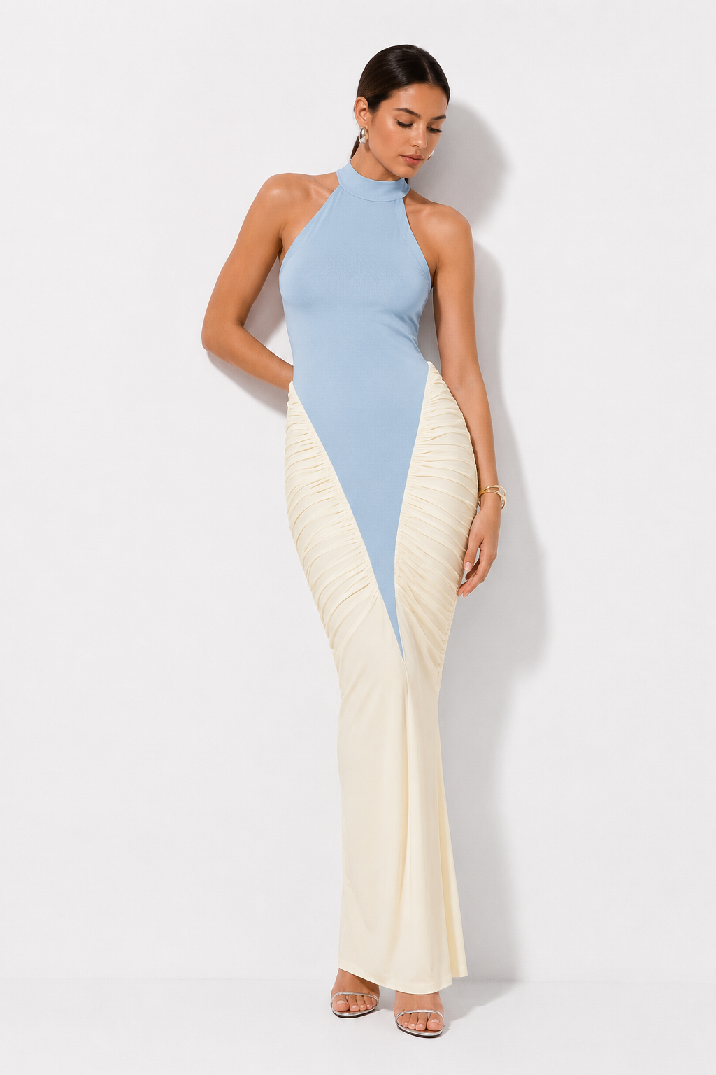 Contrast-Skirt Halter Maxi Dress