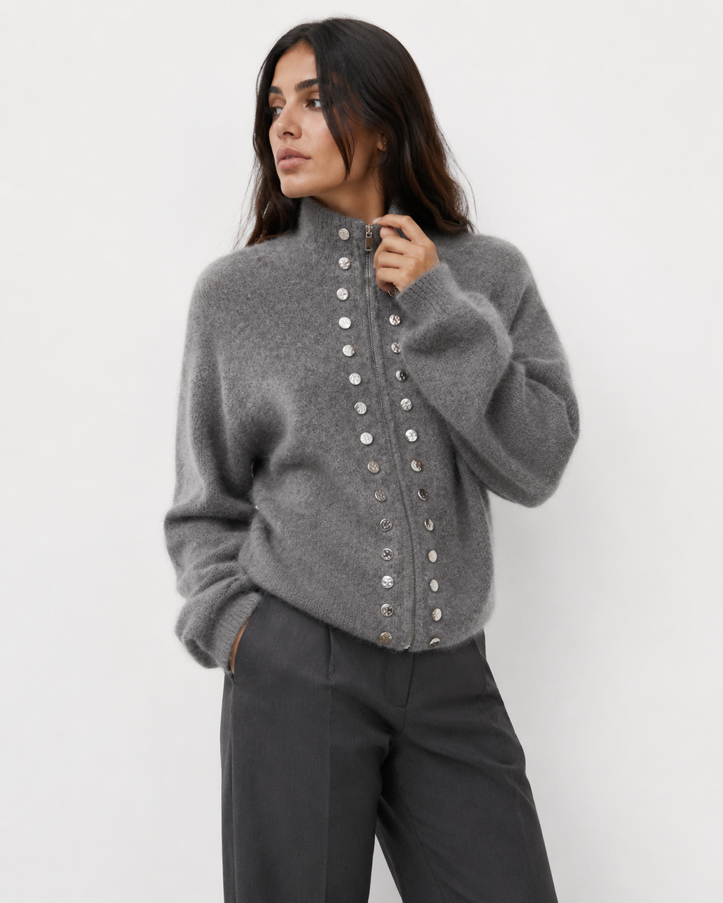 Zip-Front Collared Knit Jacket