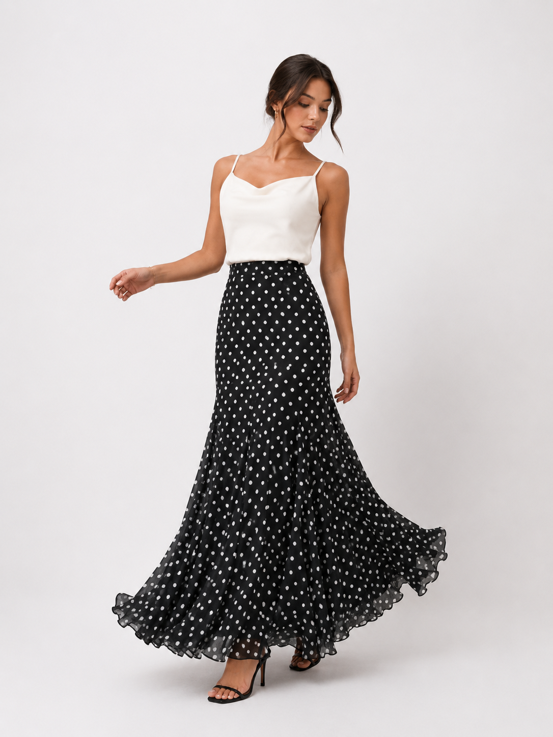 Ruched Polka-Dot Mermaid Maxi Skirt