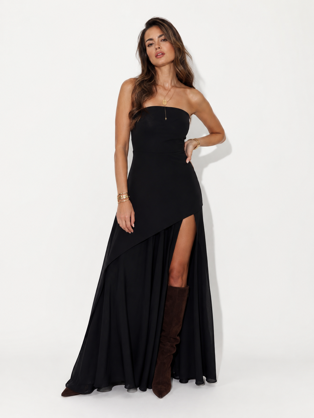 Asymmetric-Overlay Strapless Maxi Dress