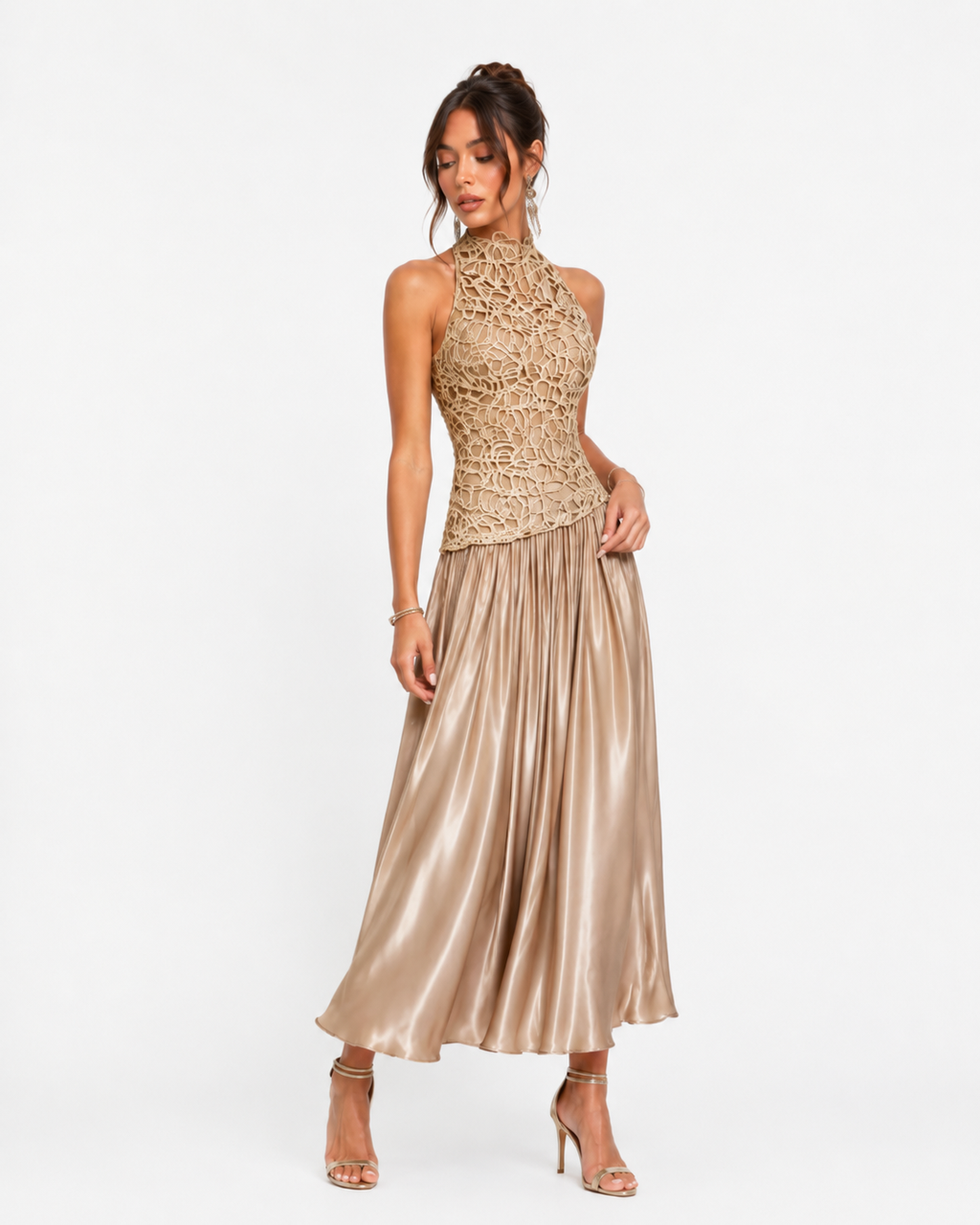 Lace-Crochet Pleated Maxi Dress