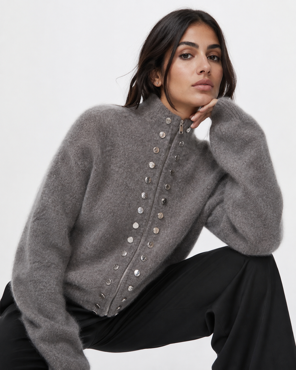 Zip-Front Collared Knit Jacket