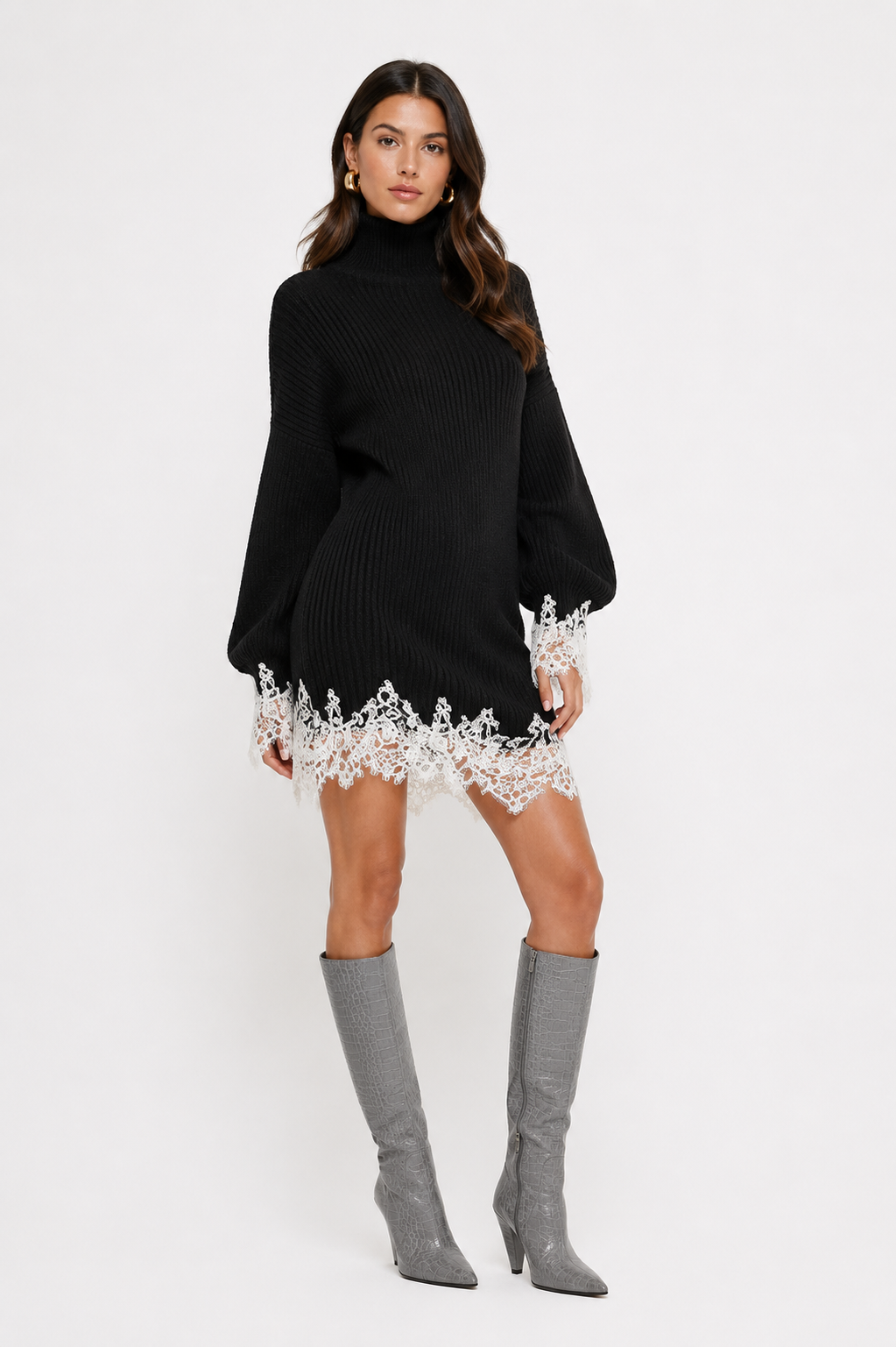 Lace-Trim Knit Mini Dress