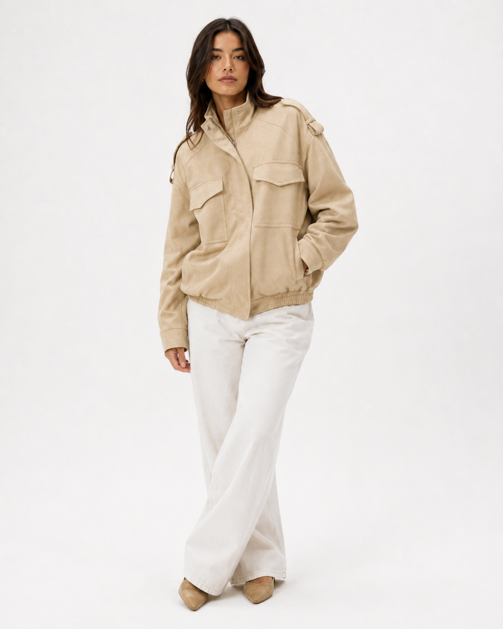 Suede-Effect Oversized Bomber Jacket
