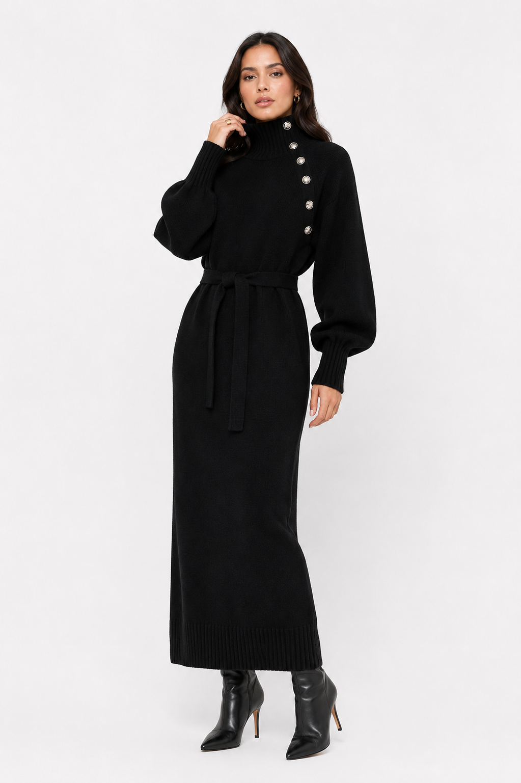 Belted High-Neck Maxi Dress