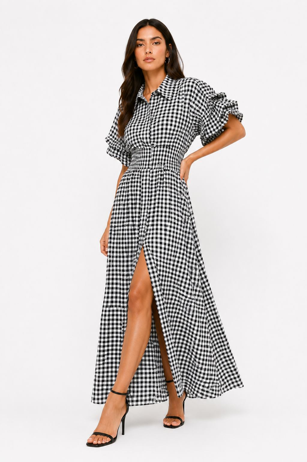 Gingham High-Slit Maxi Dress