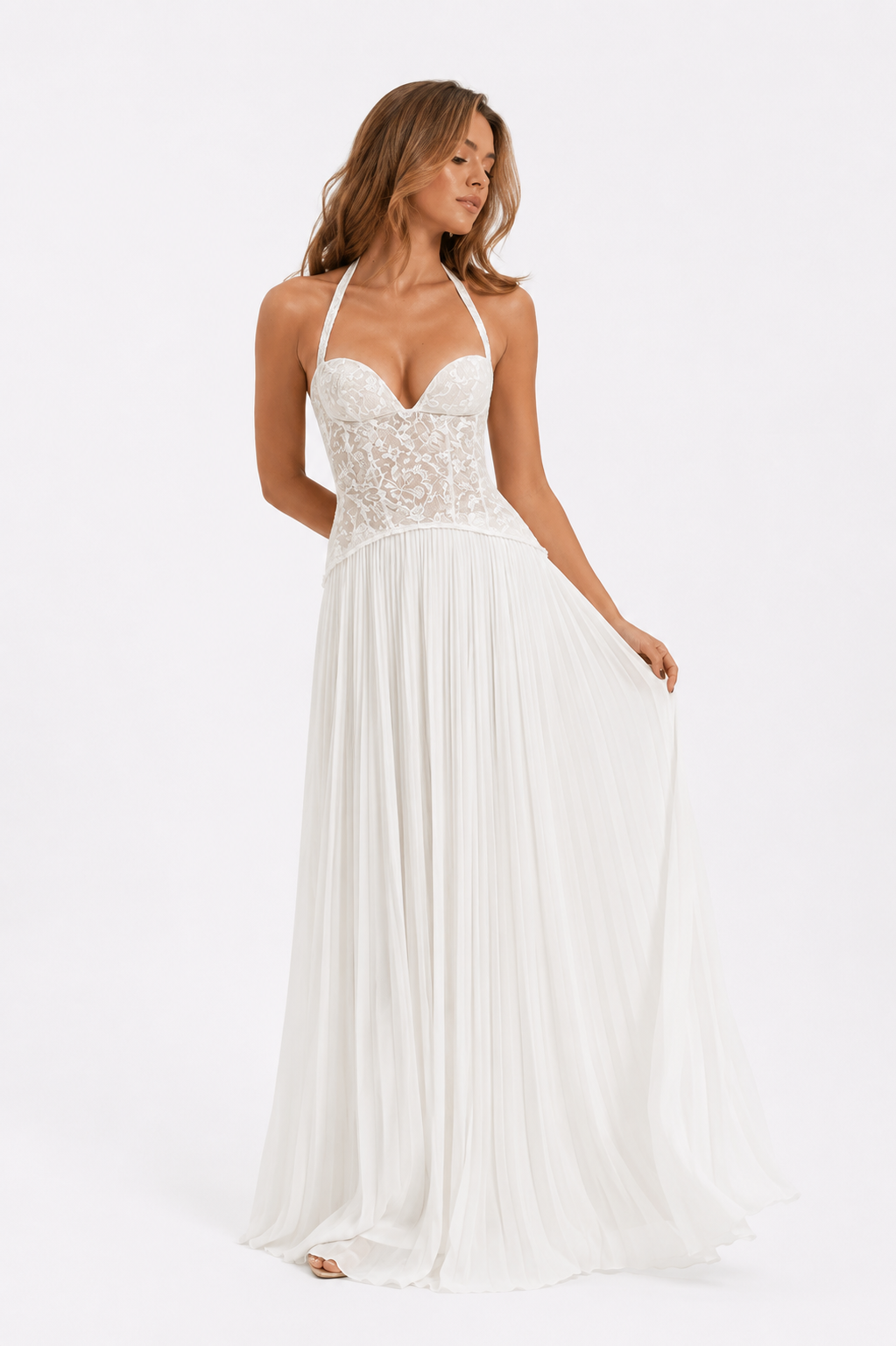 Pleated Corset Halter Maxi Dress