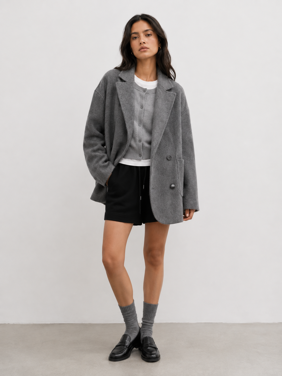 Double-Breasted Textured Short Coat
