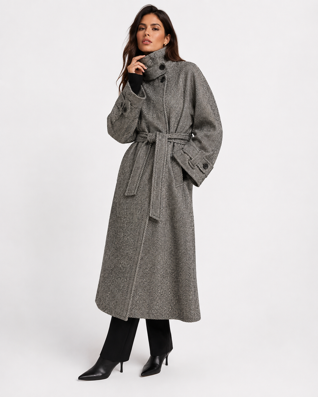 Drawstring-Waist High-Collar Coat