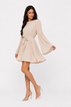 Pleated Cape-Sleeve Mini Dress