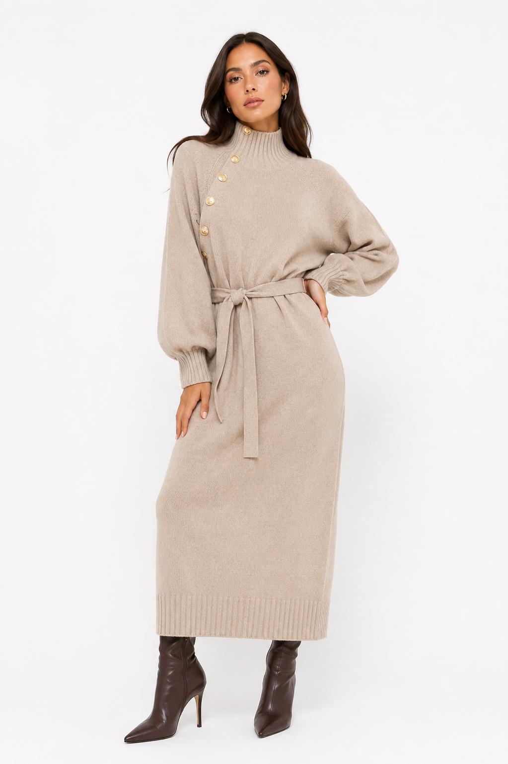 Belted High-Neck Maxi Dress