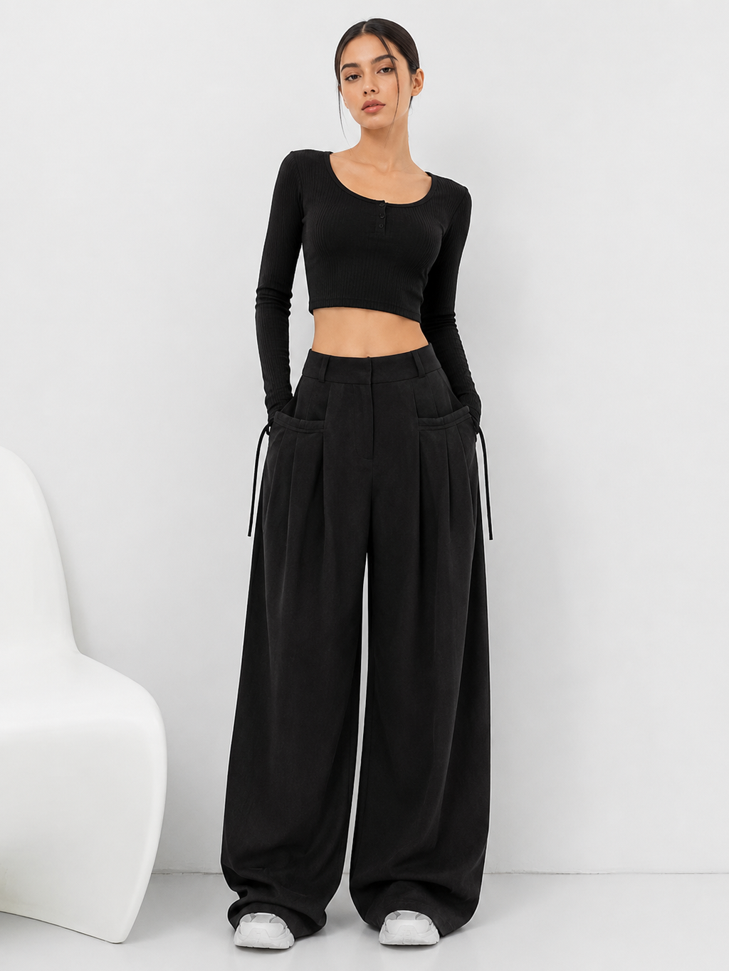 Gathered High-Waist Wide-Leg Trousers