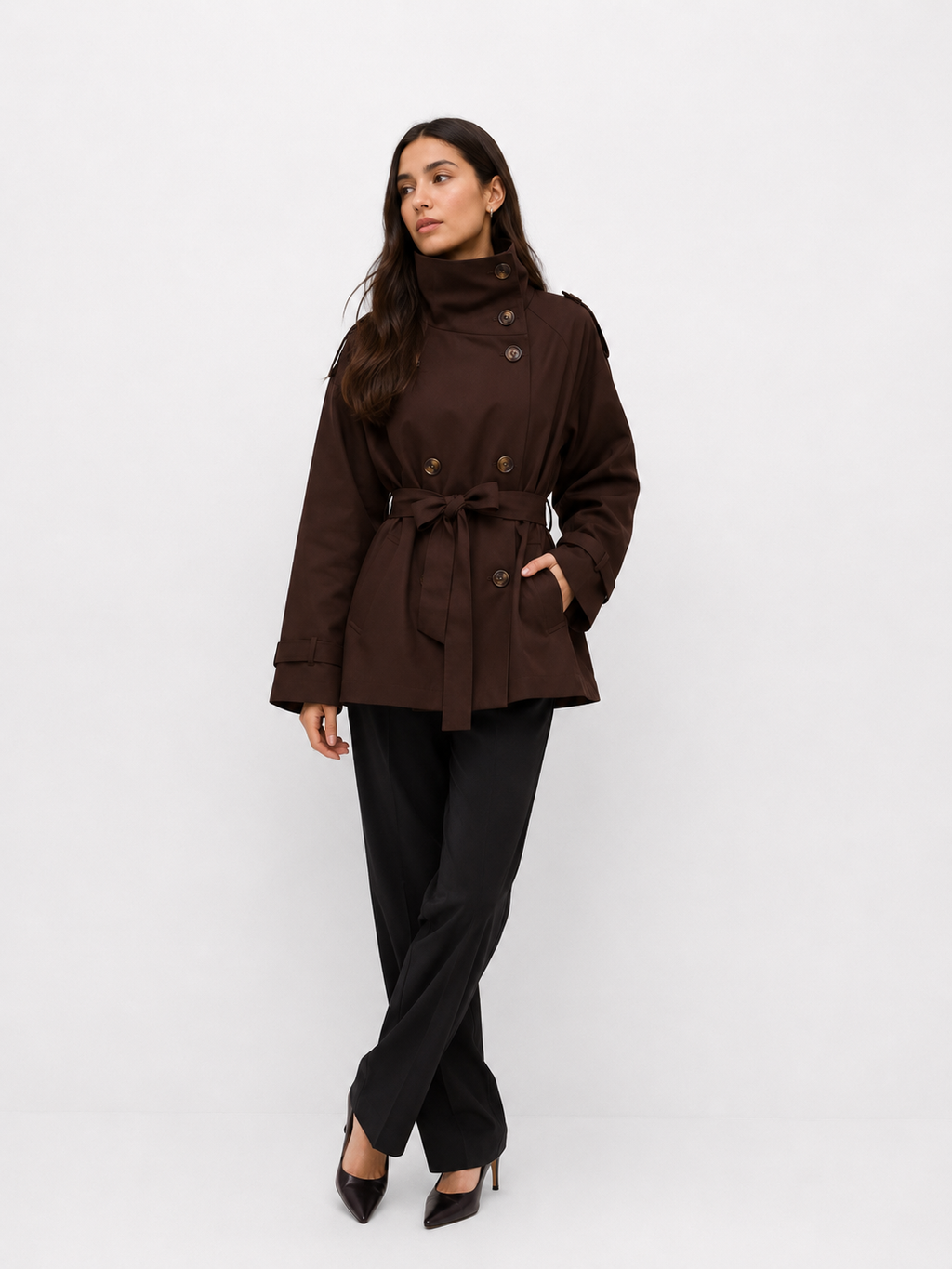 Cropped Funnel-Neck Trench Jacket