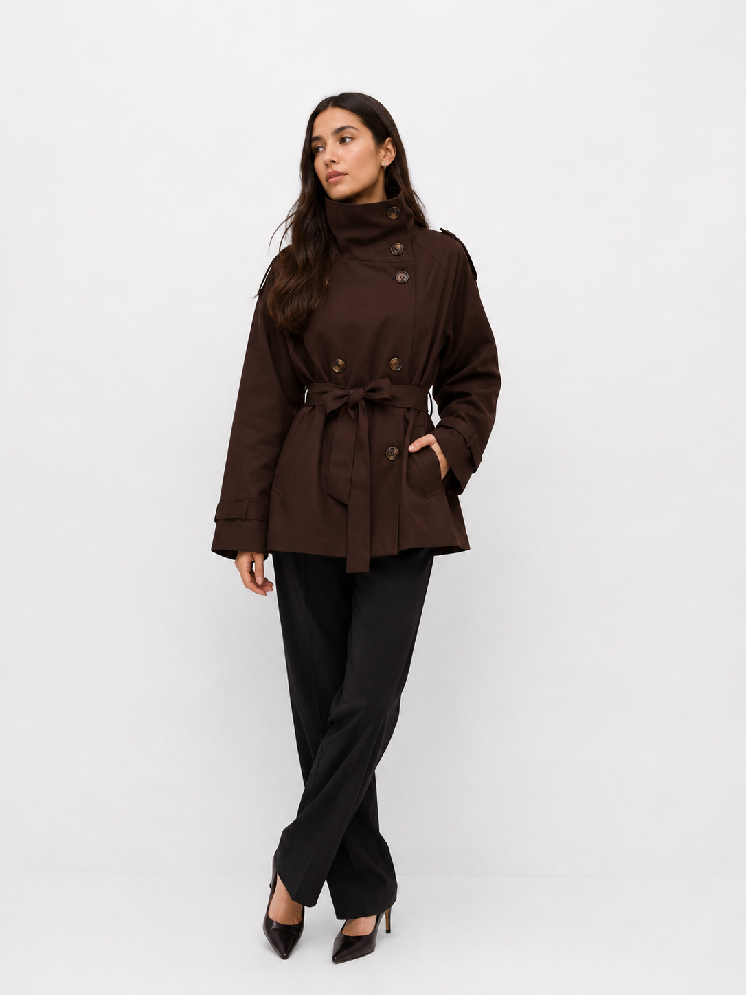 Cropped Funnel-Neck Trench Jacket