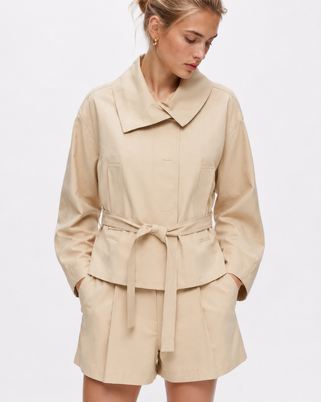 Belted Trench Jacket & Shorts Set