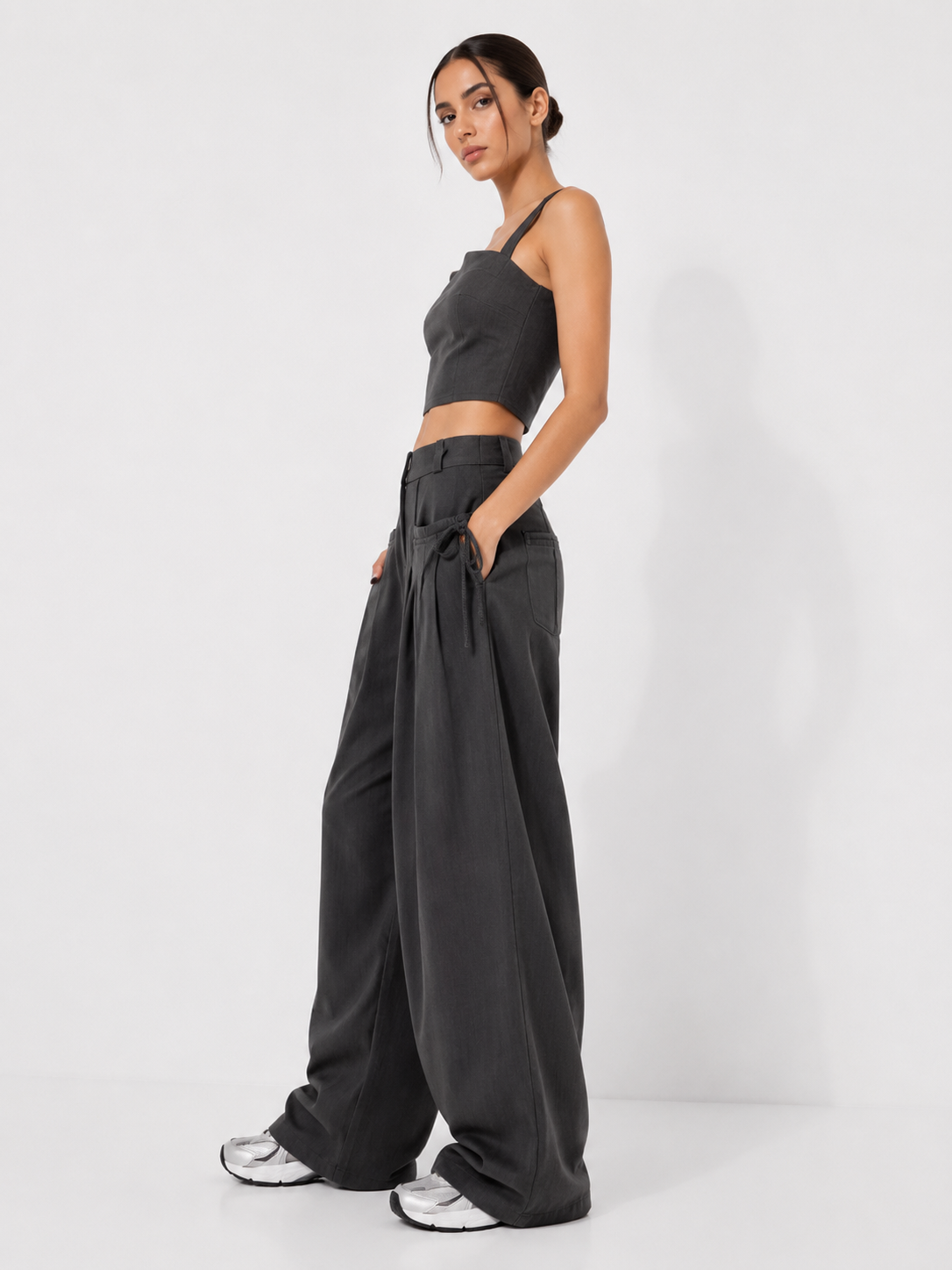 Gathered High-Waist Wide-Leg Trousers