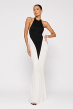 Contrast-Skirt Halter Maxi Dress