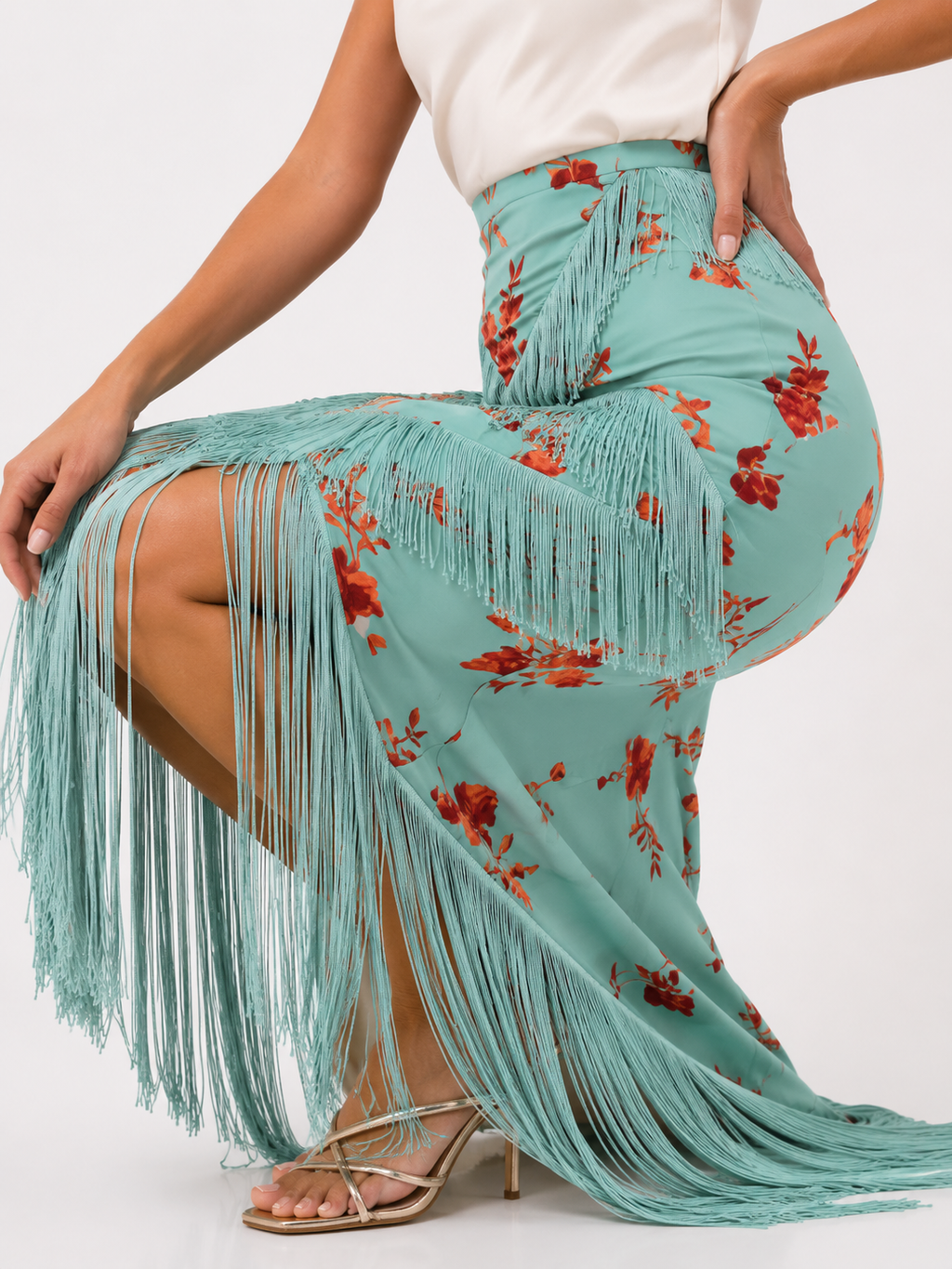 Printed Ruffle Top & Tassel Maxi Skirt Set