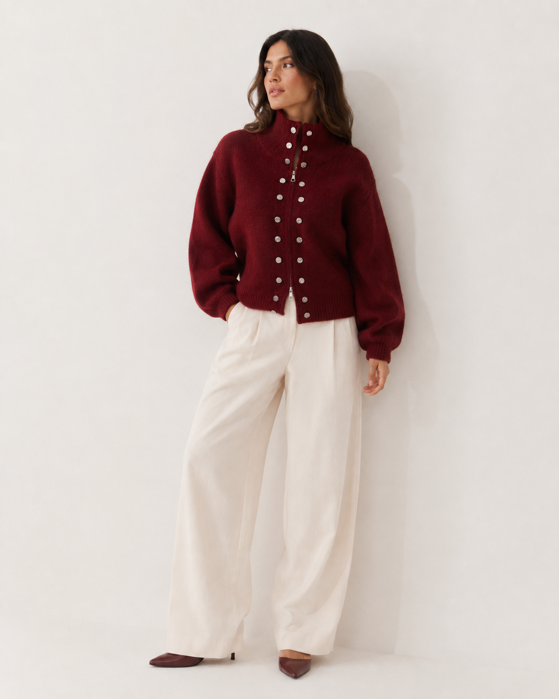 Zip-Front Collared Knit Jacket