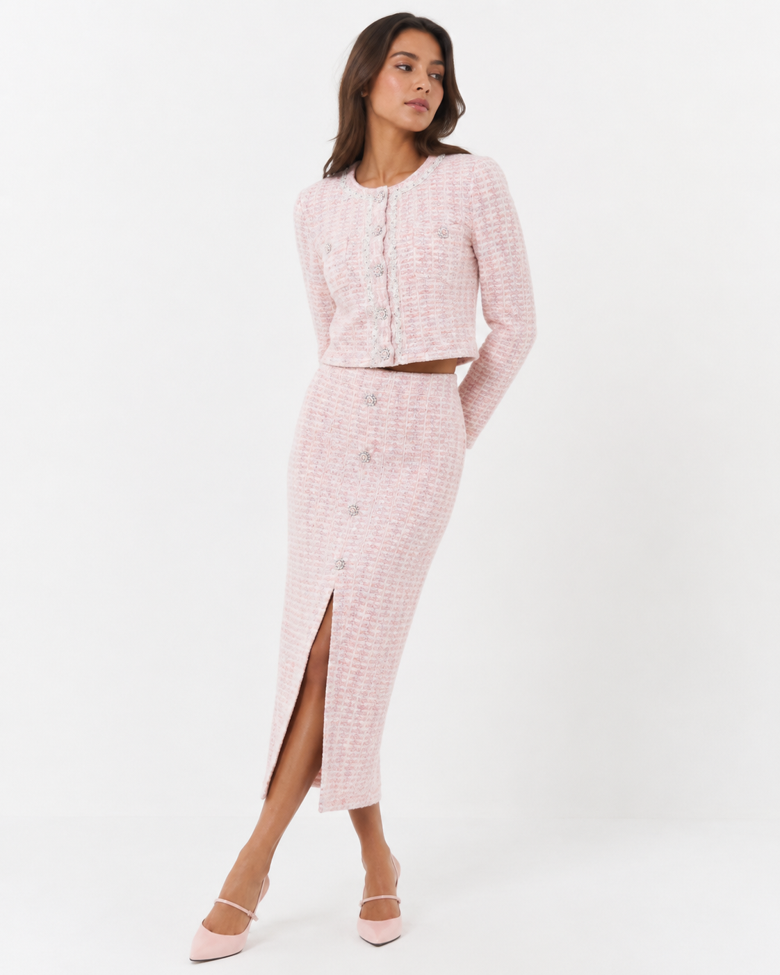 Bouclé Knit Cardigan & Midi Skirt Co-Ord Set