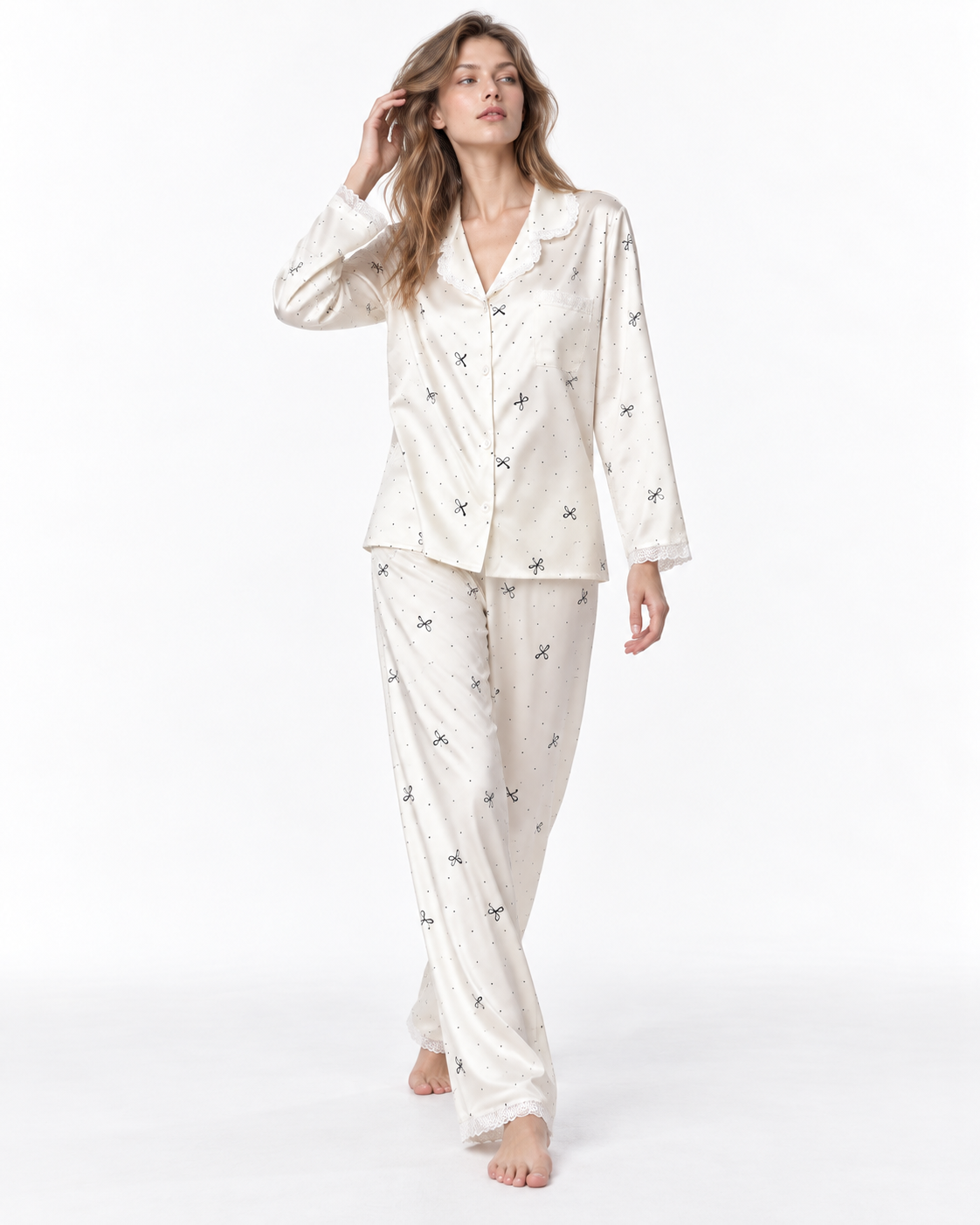 Polka-Dot Long Pyjama Set with Bow Detail