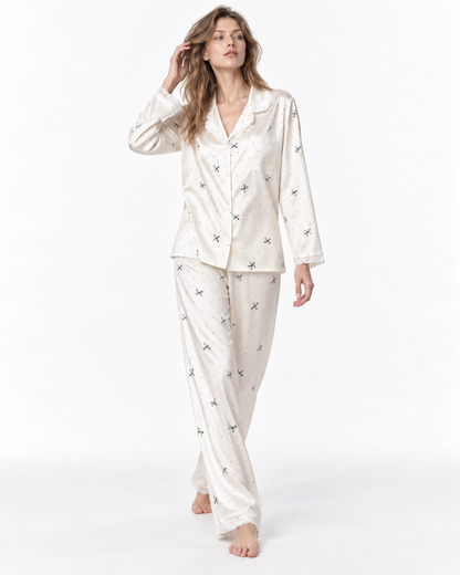 Polka-Dot Long Pyjama Set with Bow Detail